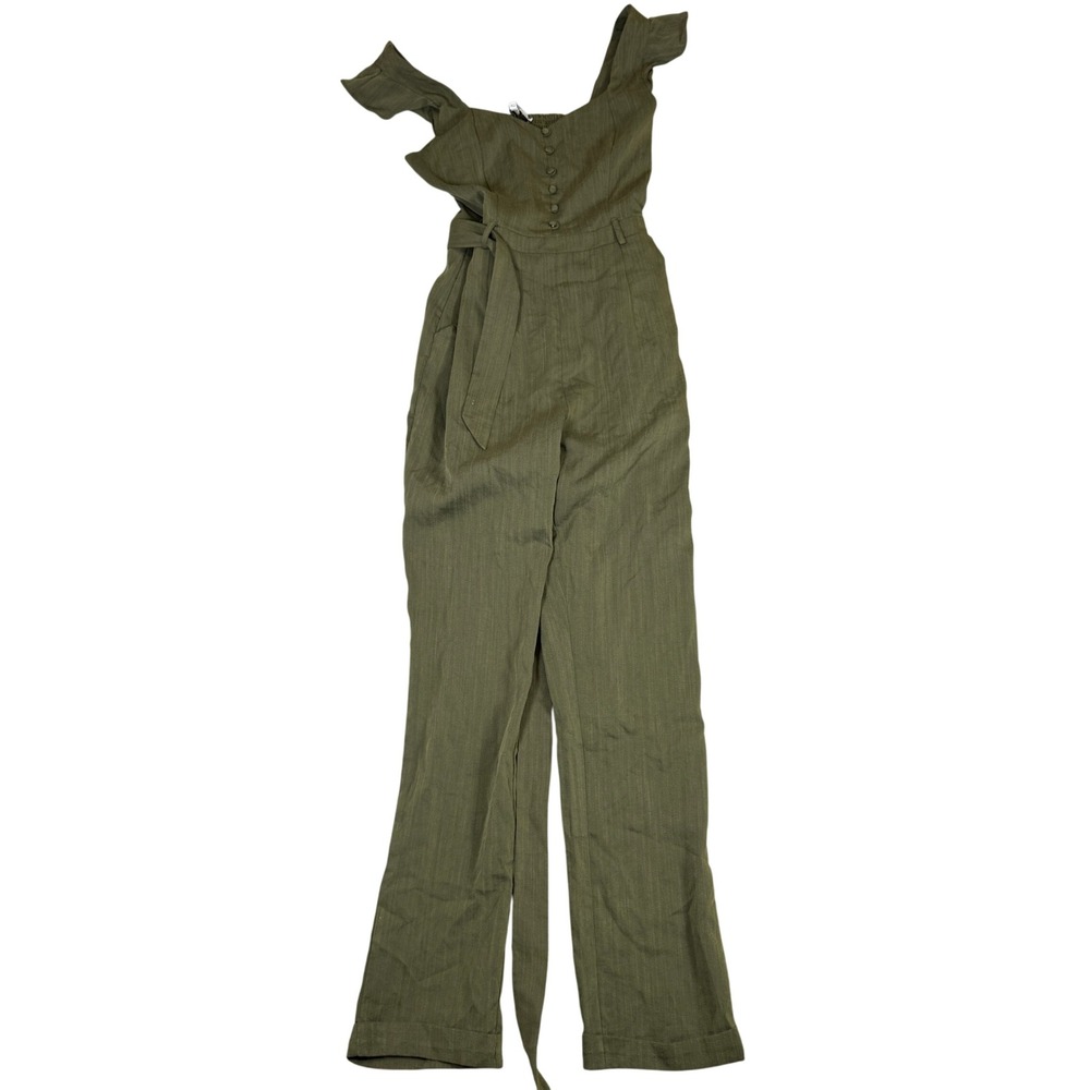 NWT Hearthloom Olive Green Ruffle Off Shoulder Button Front Belted Jumpsuit XS